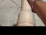 guy with pussy jerks off with his hand on his strap on or dildo... big clit banging dildo, cumshot and pleasure