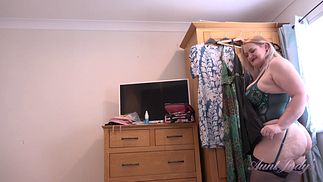 OldNanny - Curvy Blonde BBW Mature Strips And Toys Her Pussy On Couch