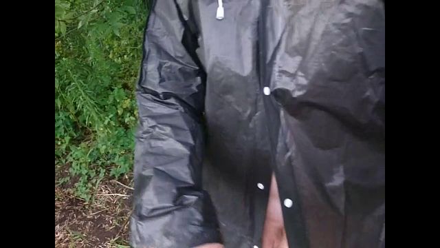 Guy in Raincoat Pisses Outdoors Then Strips Naked and Cums