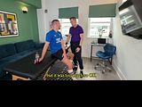 Athletic guy got excited during therapeutic massage with a new massage